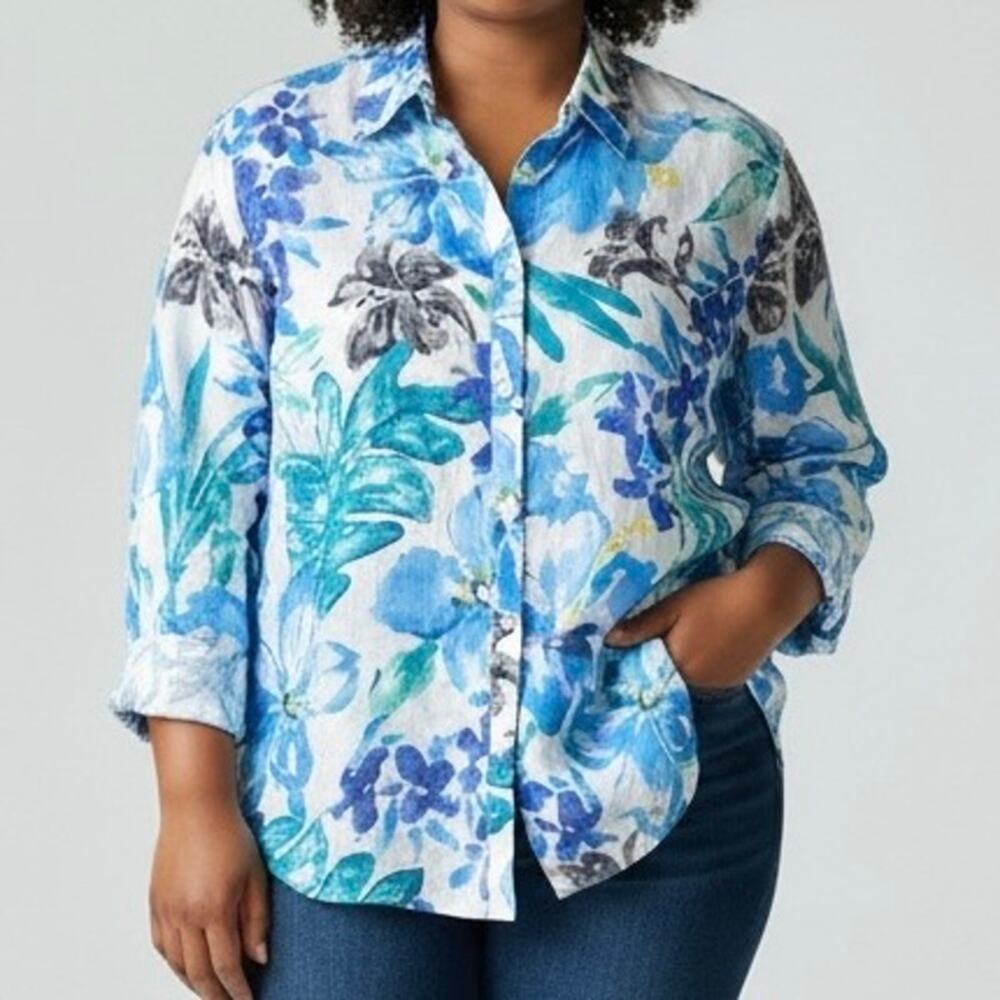Lauren Ralph Lauren Floral 100% Linen Button Down Shirt Women’s 2X Blue